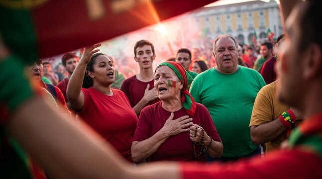 Portuguese supporters passionately sing the national anthem during a rally