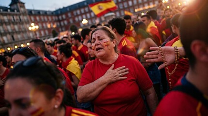 Naklejka premium Woman with Spanish flag face paint cries with hand on heart during celebration
