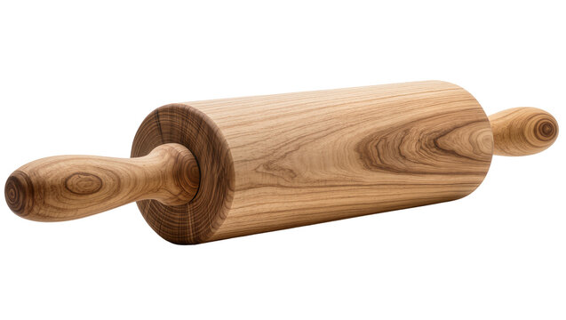 Natural wood rolling pin with grain texture, isolated on transparent background