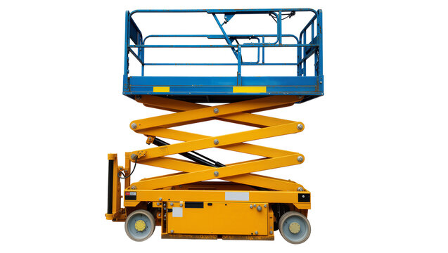 Yellow scissor lift with blue platform, isolated on transparent background