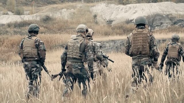 soldiers Group military uniform walk through dry grass desert field with weapons helmets People special forces infantry unit on mission tactical training operation combat battlefield. Army Rifles. war