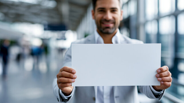 Anonymous smiling businessman in a suit holding a blank sign at an airport terminal, arrival or departure greeting and professional travel concept, faceless, defocused concourse