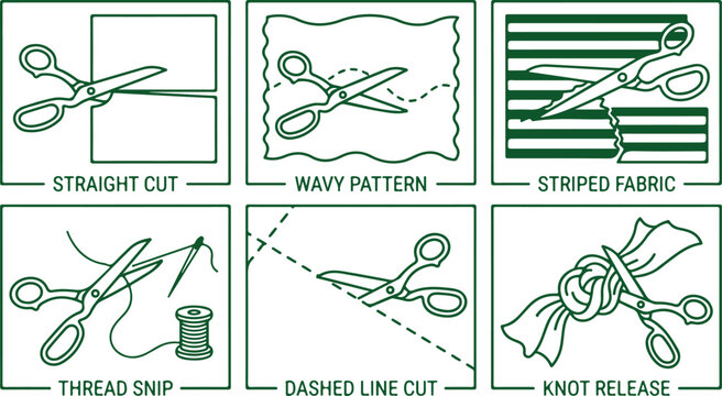 Sewing and cutting process illustrations showing straight cut wavy pattern striped fabric thread snip dashed line and knot release for craft.