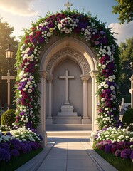 Fototapeta premium archway of flowers and cross of church memorial photo backdrop 