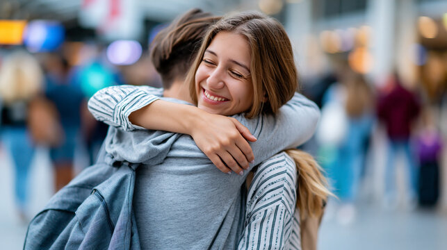 Anonymous couple embracing with joyful smiles at an airport terminal reunion, travel and relationship concept, faceless, defocused bustling terminal background, with copy space