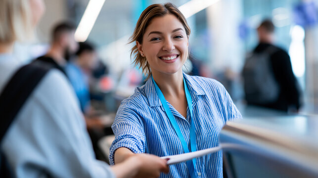 Anonymous cheerful woman helping a customer at a reception desk in a bustling airport terminal, warm customer service and travel assistance concept, faceless, defocused, with copy