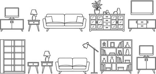 Minimalist living room furniture line art with sofas, lamps, bookshelves, cabinets, and decor elements for interior design © It's Marja