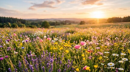 Obraz premium Golden sunset illuminates vast meadow with colorful wildflowers, lavender, poppies, and daisies creating tranquil natural landscape during summer, gentle breeze stirs grasses.