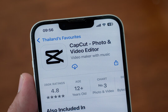 Chachoengsao, Thailand - Nov 28, 2025: Smartphone displaying the CapCut video editing application interface