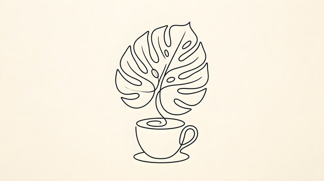 One line drawing of a monstera leaf in a coffee cup