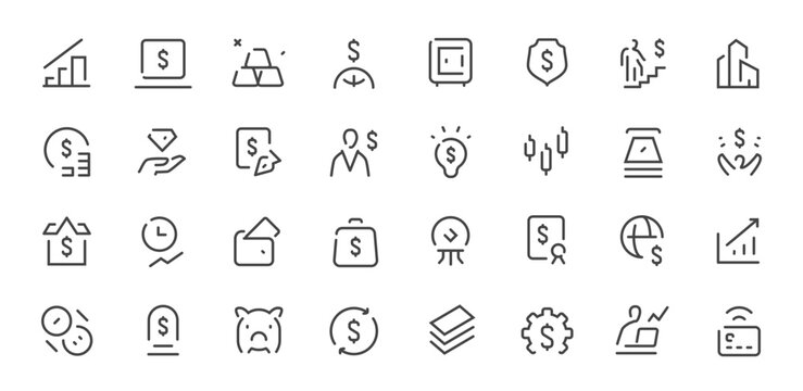 Finance and investment line icons set with banking, trading and business symbols