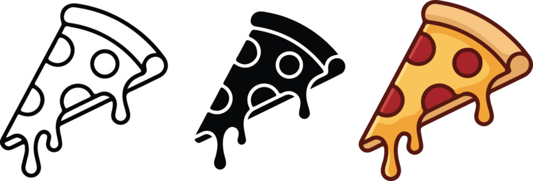 Pizza Slice Vector Illustration Set with Dripping Cheese and Pepperoni in Outline Black and Color Style .