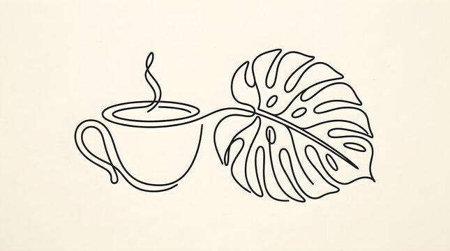 Continuous line drawing of a steaming coffee cup and monstera leaf