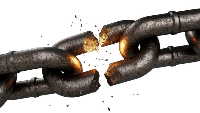 Rusty metal chain link breaking apart, isolated on transparent background