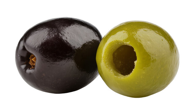 Shiny black and green pitted olives, isolated on transparent background