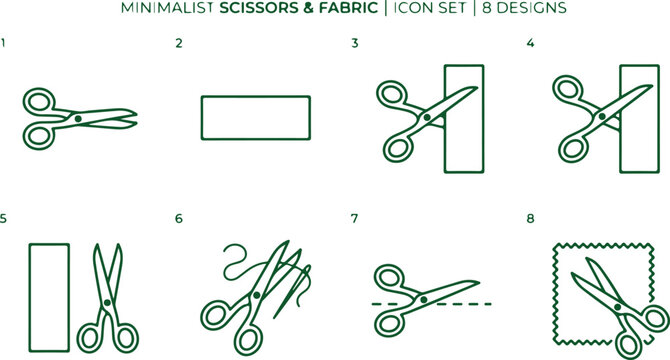 Minimalist scissors and fabric icon set 8 designs for sewing craft cutting and tailoring professional tools.