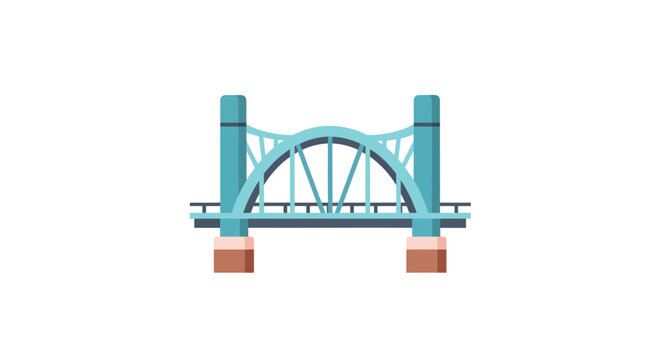 A stylized flat design illustration of a teal truss bridge with an arched top structure and brown foundations.