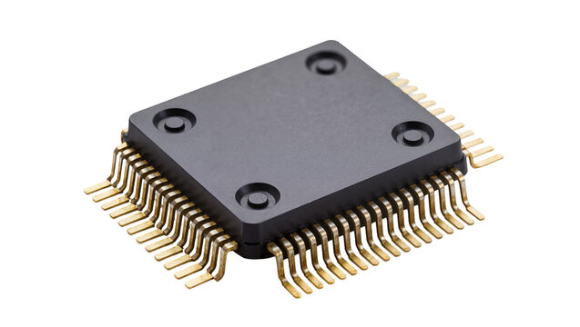 Black integrated circuit chip with gold pins, isolated on transparent background