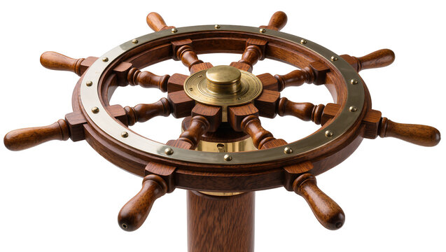 Antique wooden ship s helm with brass accents, isolated on transparent background