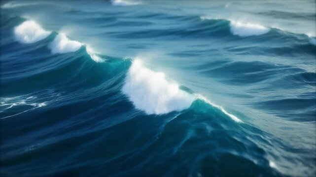 Calm and mesmerizing view of deep blue sea waves slowly rolling with white seafoam under daylight
