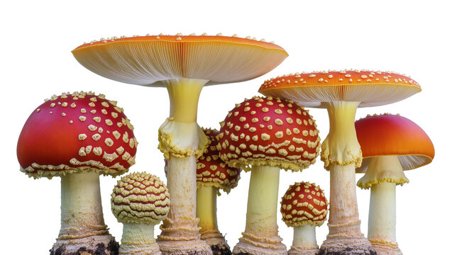 Group of red and orange Amanita muscaria mushrooms with white spots, isolated on transparent background