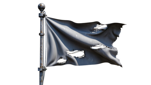 Tattered black pirate flag waving on a metal pole, isolated on transparent background