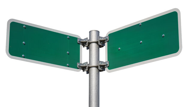 Two blank green street signs attached to metal pole, isolated on transparent background