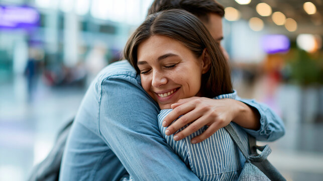 Anonymous smiling couple hugging in a naturally lit airport terminal during a reunion, travel and relationship concept, faceless, defocused, with copy space