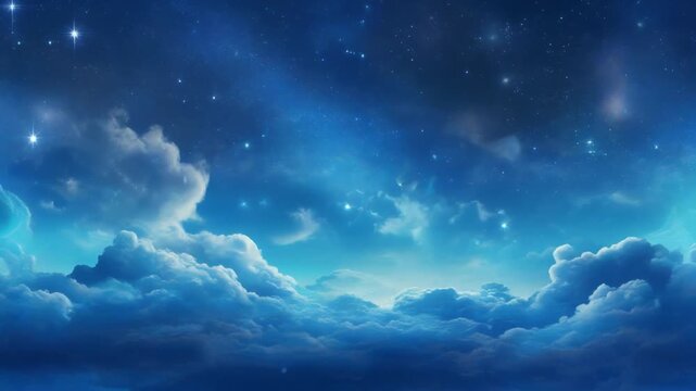 Fantasy night sky with glowing stars shining bright above fluffy blue clouds in a magical atmosphere