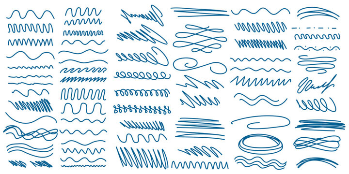 Set of hand-drawn blue ink lines. Underline, highlight, straight line, wave, zigzag, amplitude. Elements for journaling, presentations, notes and memos. Vector graphics