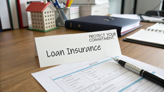Professional Loan Insurance Documentation on a Desk with Office Supplies and a Model House in the Background