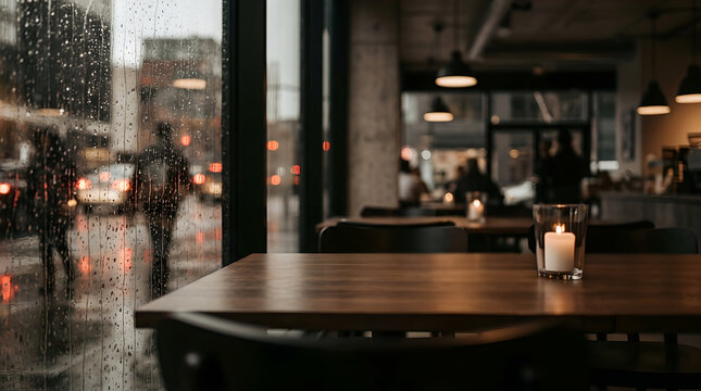 Cozy cafe interior with candle on wooden table and rainy window view.