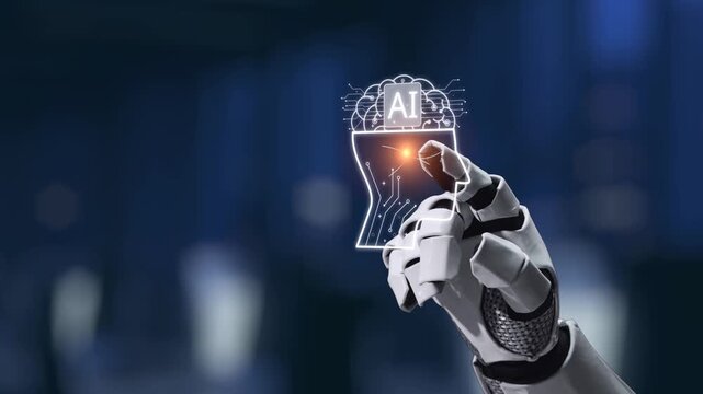 A robotic hand makes contact with a glowing AI symbol amidst a web of digital data connections, showcasing the synergy between technology and artificial intelligence in a modern setting. Synapse