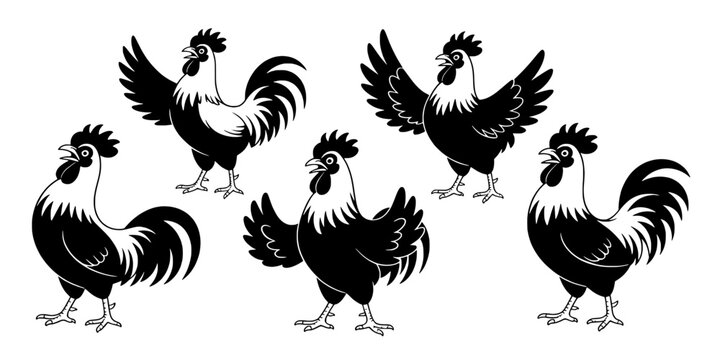 Rooster Farm Animal Icon Set, Vintage Monochrome Vector Style for Agriculture, Rooster Cock Illustration and Branding Designs