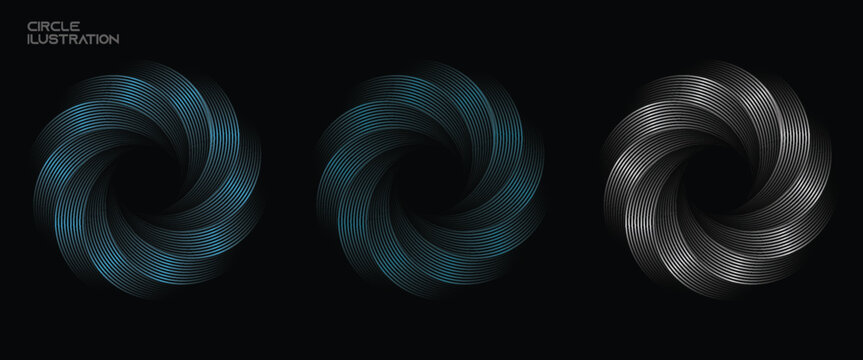 Neon iridescent gradient dotted circle set. Colorful glowing round tech frame collection. Curved wave dot line circles on black background. Bright spinning circular border pack. Vector element bundle