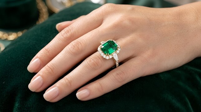 Woman's hand with emerald engagement ring closeup