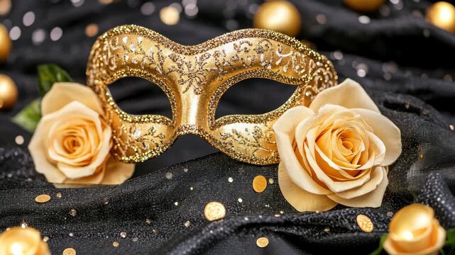 Elegant gold mask adorned with roses and decorative elements on a black fabric background during a festive celebration