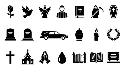 Naklejka premium Comprehensive funeral icon set featuring coffin, gravestone, church, angel, priest, hearse and cross icons on white background, Symbolizing burial services and illustrating memorial planning