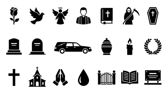 Comprehensive funeral icon set featuring coffin, gravestone, church, angel, priest, hearse and cross icons on white background, Symbolizing burial services and illustrating memorial planning