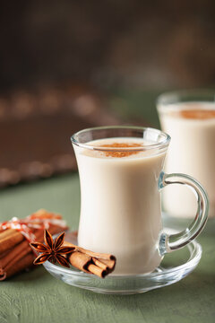 Turkish traditional hot drink salep on green background