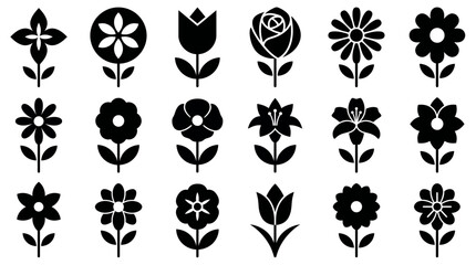 Fototapeta premium Collection of black minimalist flower icons and silhouettes with various floral shapes on white background, representing floral brand design or botanical web elements