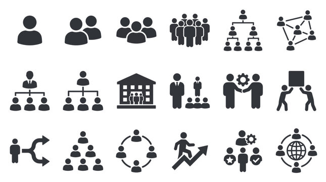 Flat business person icons and human resource symbols showing team management, leadership structure and organizational hierarchy, representing corporate strategy and workforce coordination