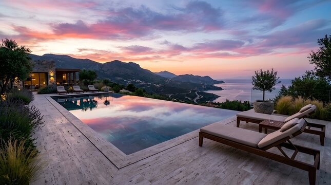 A serene poolside scene at sunset with lounge chairs overlooking a tranquil ocean view