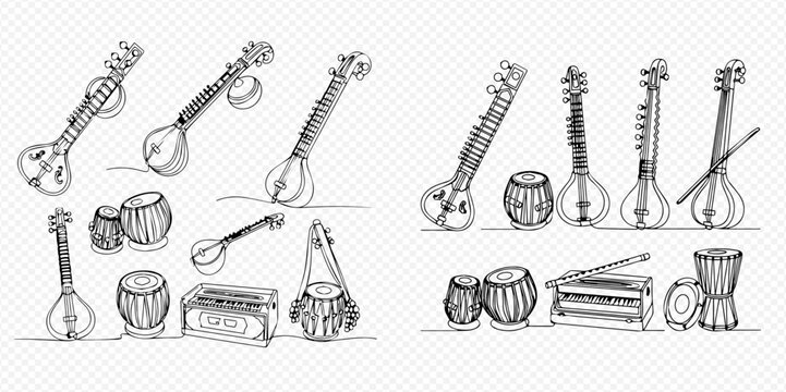 Collection of hand-drawn Indian musical instruments, including sitar, tabla, harmonium, and veena, in a doodle style.