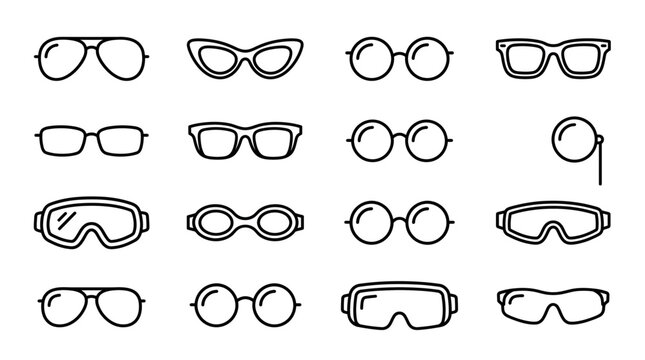 Collection of various minimal eyeglass and goggle line icons including sunglasses, monocle and protective eyewear on white background, representing optical shop branding and eye care health services