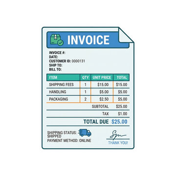 Invoice document listing billing details, items and payment information.
