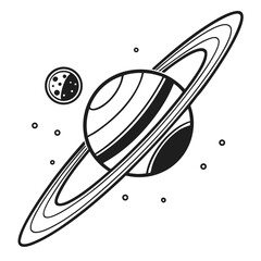 Saturn planet with rings and moon illustration solar system black and white line art © Mamu