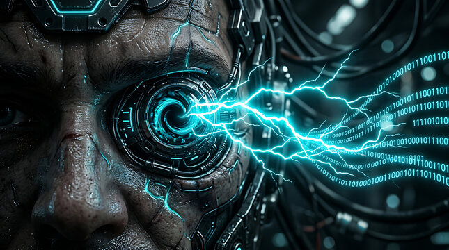 Futuristic Cybernetic Eye with Electrical Discharge and Binary Code