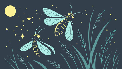 Fireflies flying in night meadow with moon and stars fireflies nocturnal