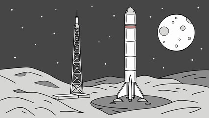 Lunar lander rocket on moon surface with communication tower illustration © Proi